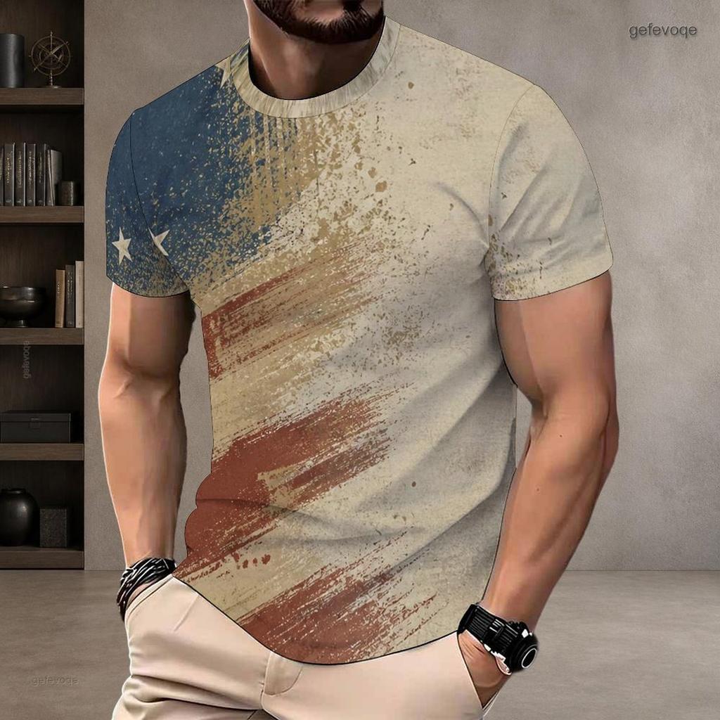 Men Plus Size Round Neck Short Sleeve American Flag Printed Casual T Shirt