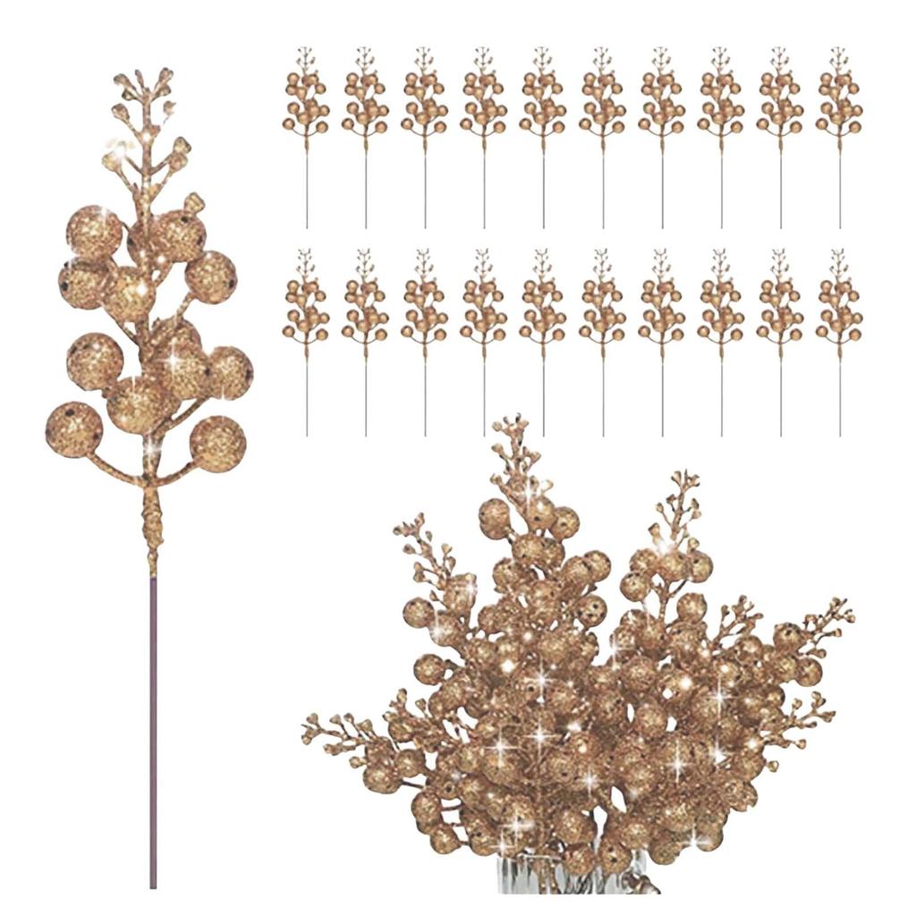 20 szt. Świąteczne brokatowe gałązki jagód, Sztuczne gałązki jagód Ostrokrzew Wybory jagód świątecznych Ozdoby na choinkę Rękodzieło DIY Wieniec świąteczny