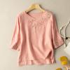 Women's Spring/Summer Three-Quarter Sleeve Embroidered Button-Down Blouse: Boho-Chic Retro Cotton-Linen T-Shirt with Embroidery