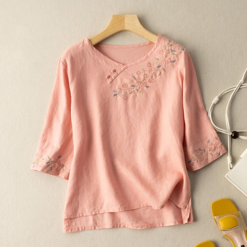 Women's Spring/Summer Three-Quarter Sleeve Embroidered Button-Down Blouse: Boho-Chic Retro Cotton-Linen T-Shirt with Embroidery