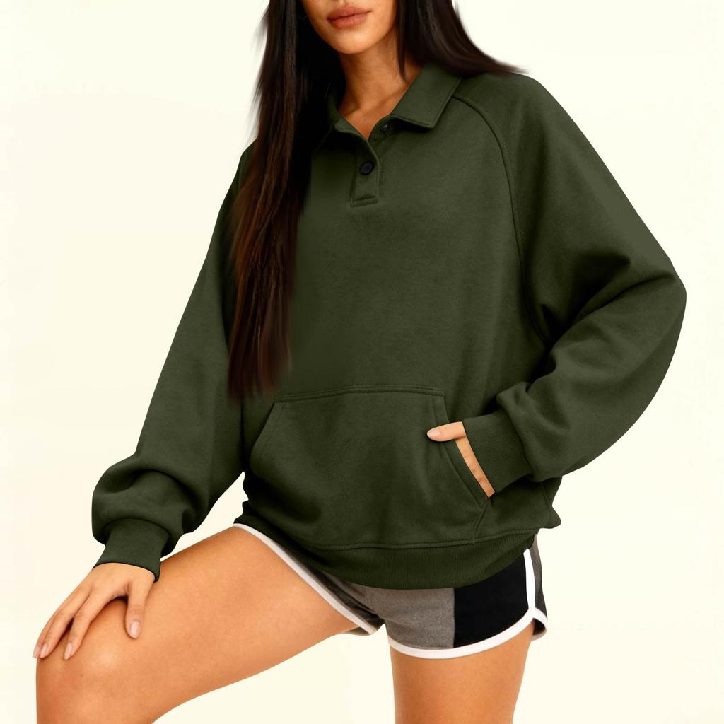 Women's Button-Up Collar Tops Cotton Women's Casual Fashion Long Sleeve With Pocketed Pullover Top Blouse