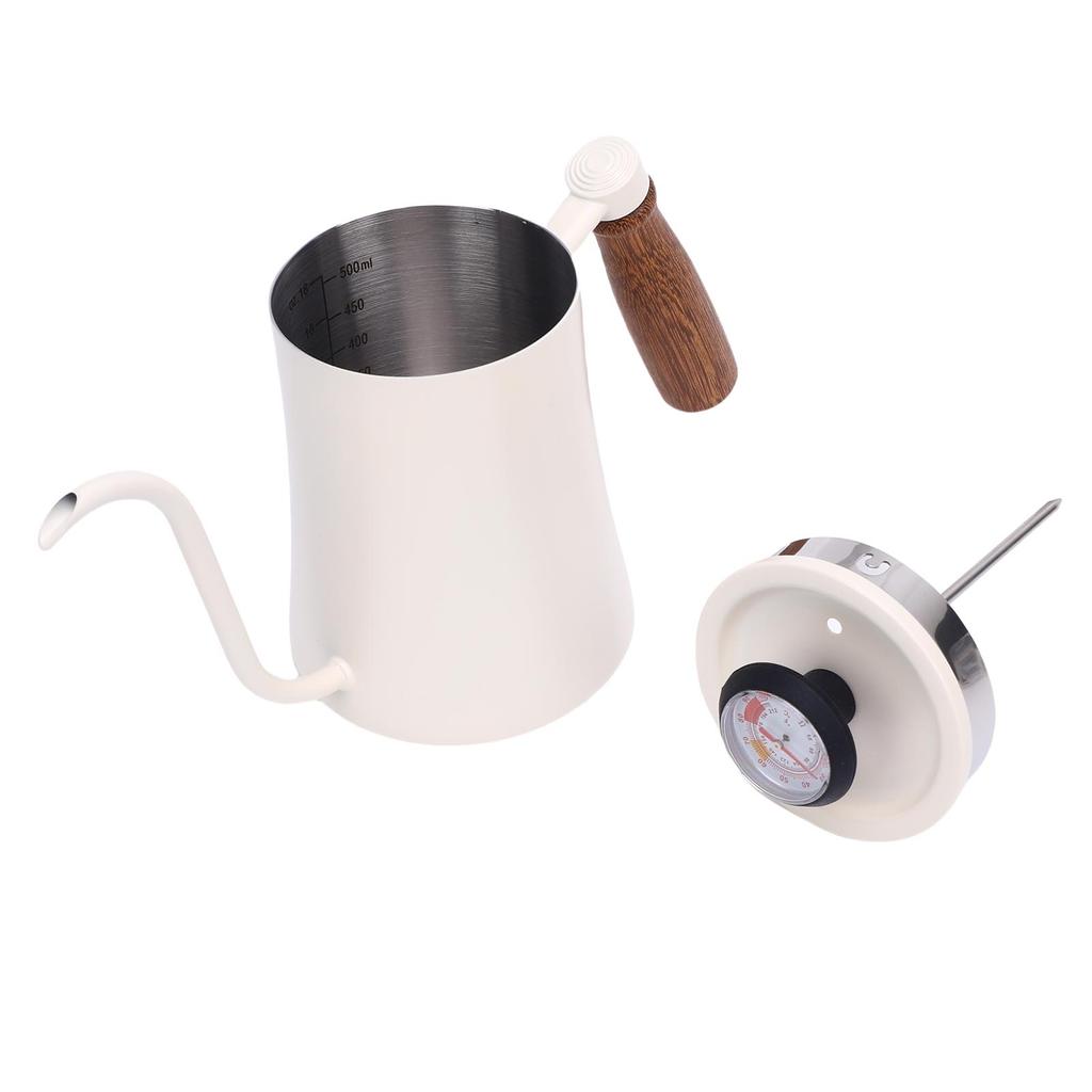 600ML Coffee Brewing Pot 304 Stainless Steel Water Pot with Temperature Meter Wood Handle   Spout