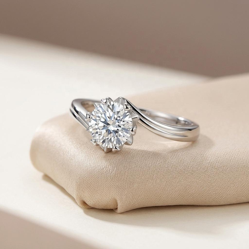 Factory Direct Sale Snowflake Flower Heart 6-prong Round-cut Moissanite Sterling Silver 925 Adjustable Band Anniversary Gifts.