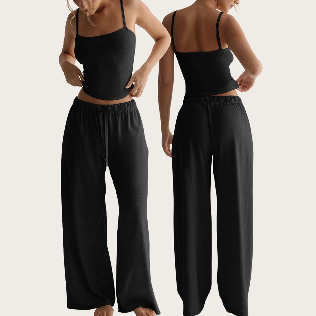 Women's Solid Color Vest, Camisole Top, Long Pants, Casual Wide Leg Pants, Home Set