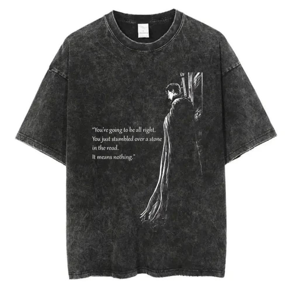 Oversized Acid-Wash Vintage Short-Sleeve T-Shirt Featuring Berserk Guts The Black Swordsman Graphic Print