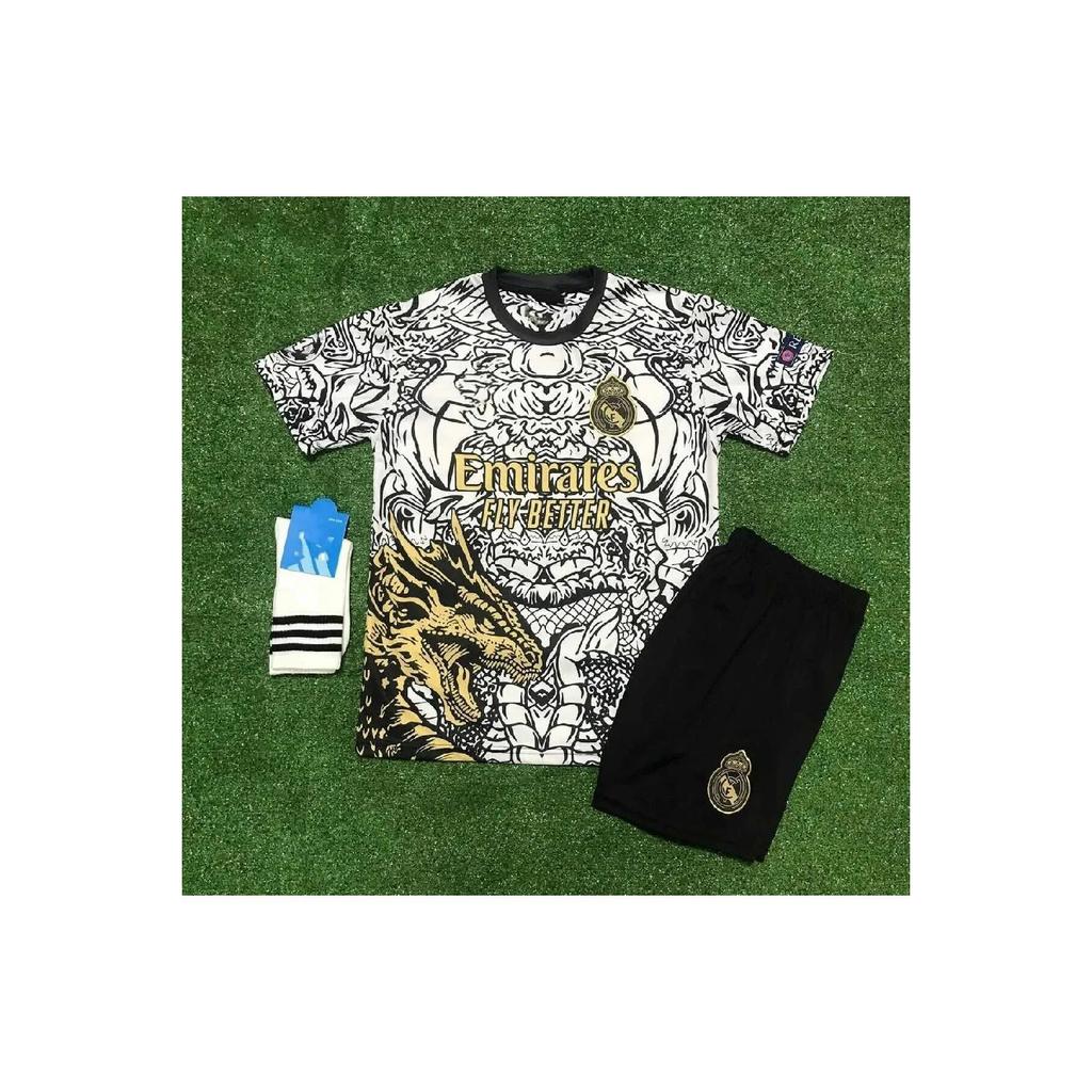 Real Madrid New Season Dragon Patterned Cristiano Ronaldo Children's Jersey 3-set (black-white)