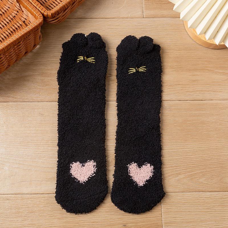 Ladies Winter Thickened Warm Coral Velvet Stereo Cat Claw Embroidered Home Sleeping Moon Socks