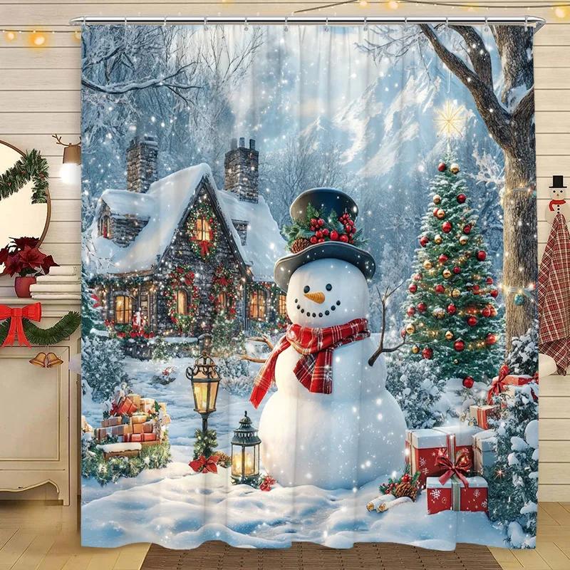 Christmas Shower Curtain Snowman Santa Claus Winter Snow Scene Christmas Gift Polyester Fabric Shower Curtains Bathroom Decor