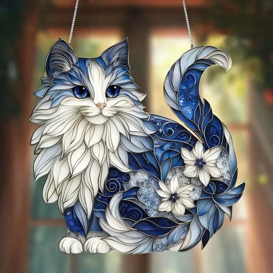 Yousheng Sun Catcher Blue White Cat Decorative Light Hanging Decoration Cat Wall Art Charm Indoor Outdoor Garden Decor