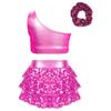 Jenter Enskulder Dansekostyme Glitrende Paljett Crop Top med Lagdelt Volangskjørt Shorts og Matchende Hårtilbehør