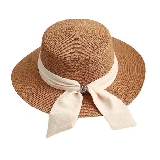 Straw Hat Lightweight Breathable Flat Top Wide Brim Sun Protection Hat Metal Buckle Ribbon Decorated Hat Summer Beach Hat M