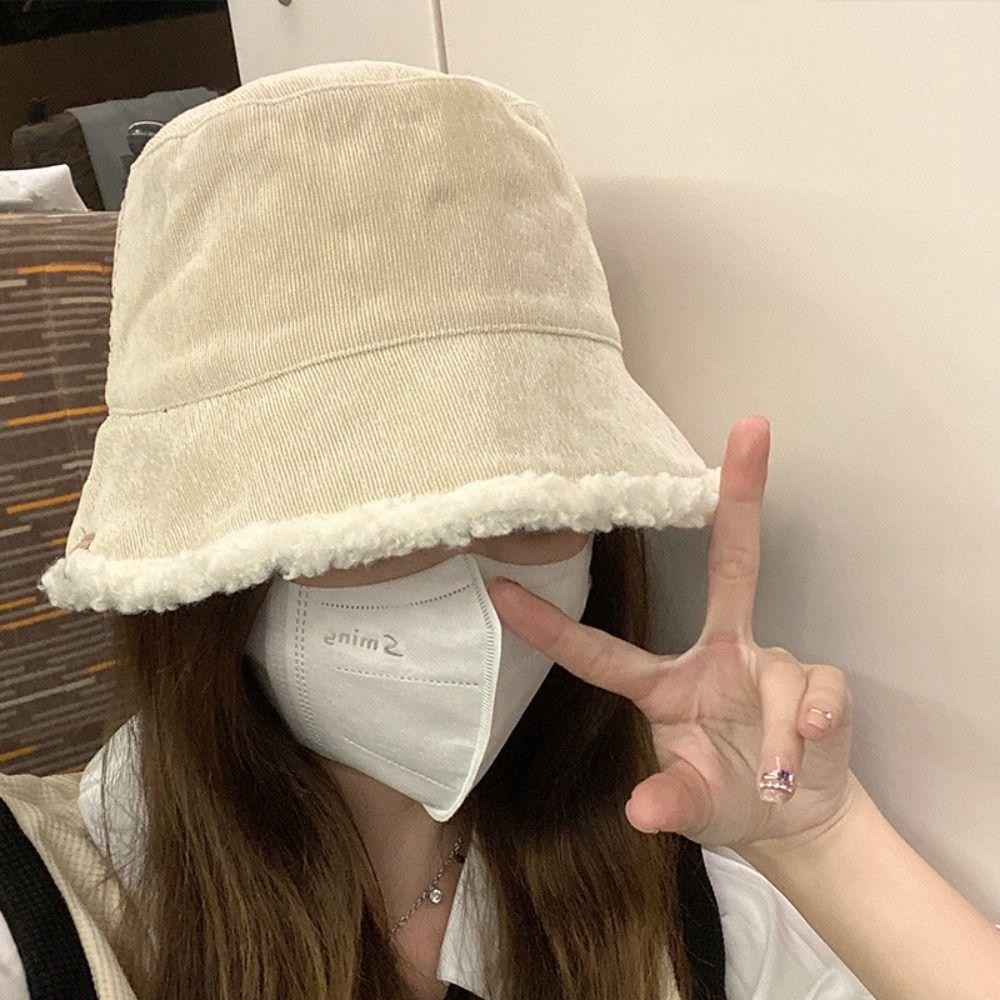 Korean Corduroy Bucket Hat Autumn Winter Fisherman Cap Fashion Wool Bucket Hat  Men Women