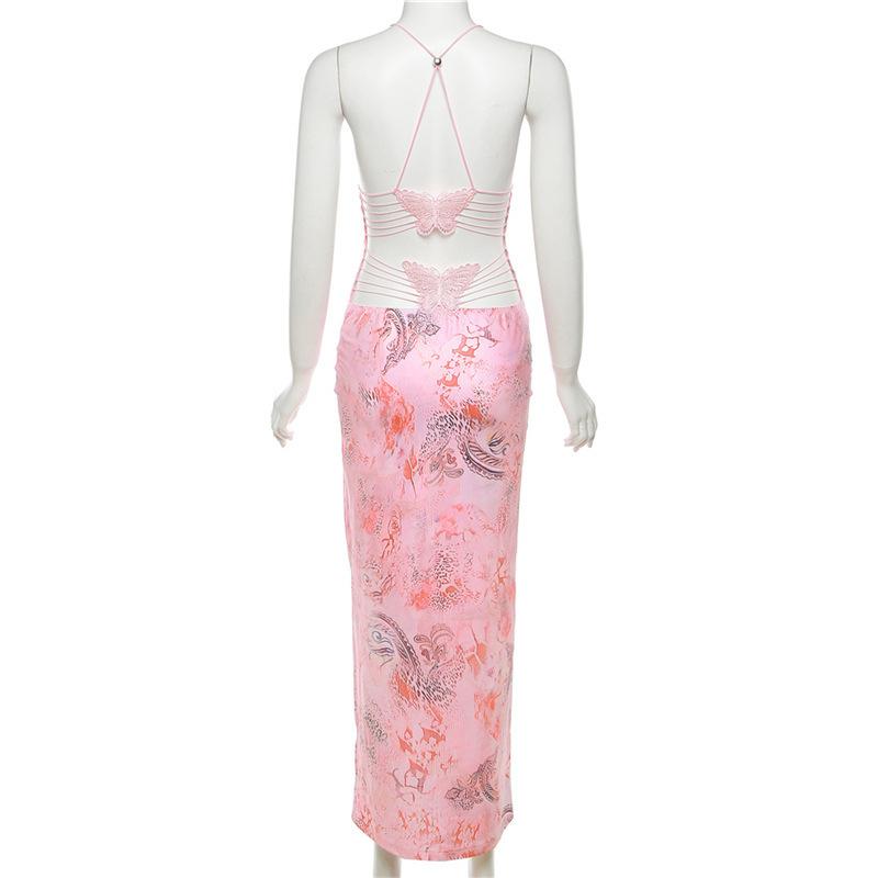 Sommermode-Trend Damen Neues hängendes Hals-Open-Back-Slim-Fit-gedrucktes, gewickeltes Hüftkleid Mode-Partykleid