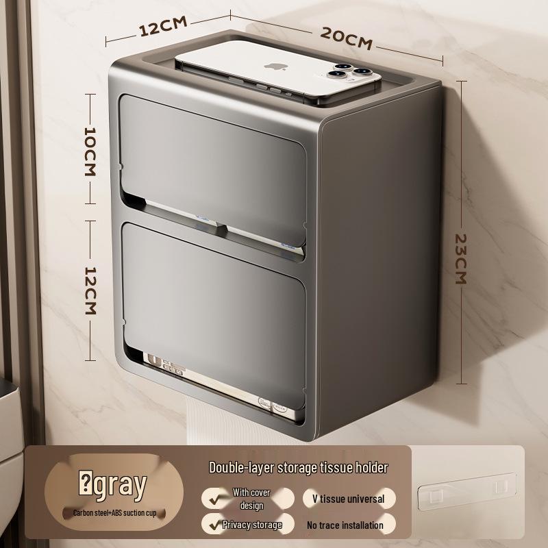 Cutie de șervețele și raft de depozitare montat pe perete fără găuri | Suport pentru rolă de toaletă și dispenser de baie
