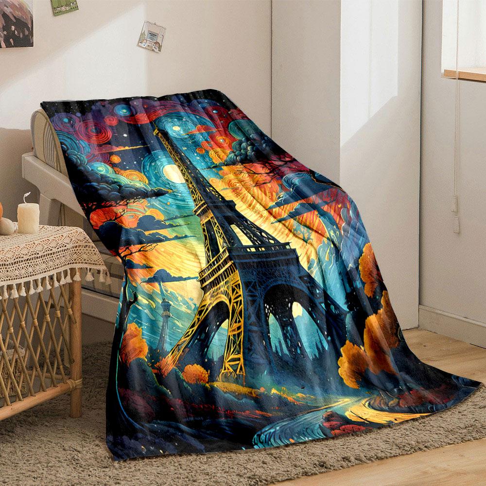 The Eiffel Tower with vivid swirling skies in a Van Gogh-inspired style. for all seasons blanket lunch break throw gift