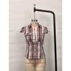 Women Plaid Print Button Down Shirt Short Sleeve Slim Fit Casual Blouse