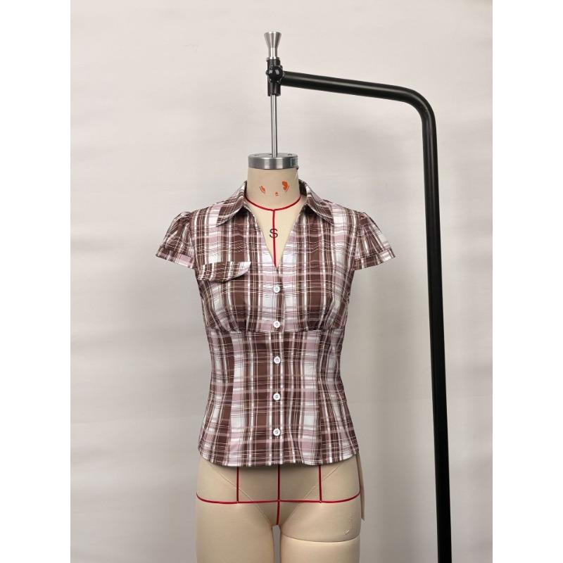 Women Plaid Print Button Down Shirt Short Sleeve Slim Fit Casual Blouse