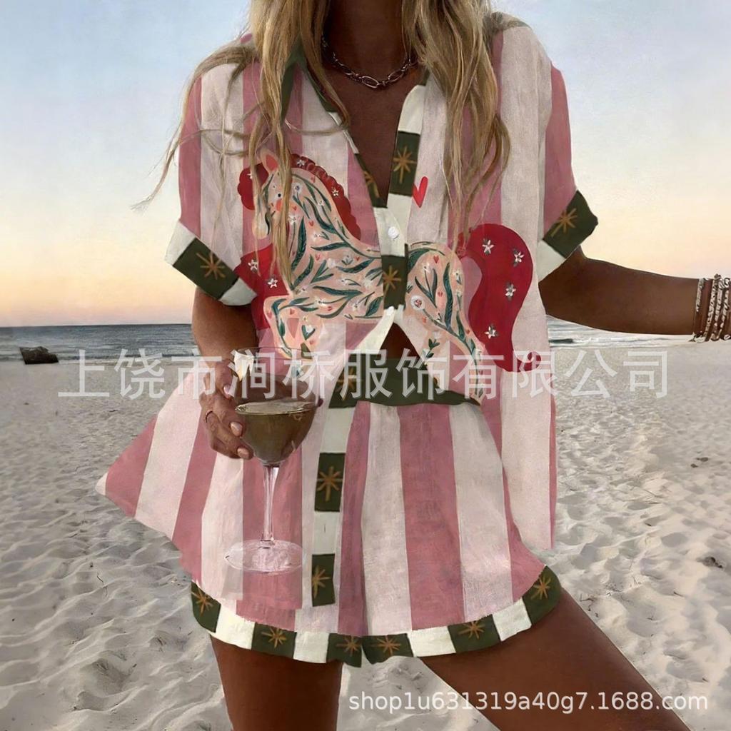 Hot Sale Casual Holiday Shirt Set Beach 1D Printed Shirt Shorts Women's Suit Customized-Made