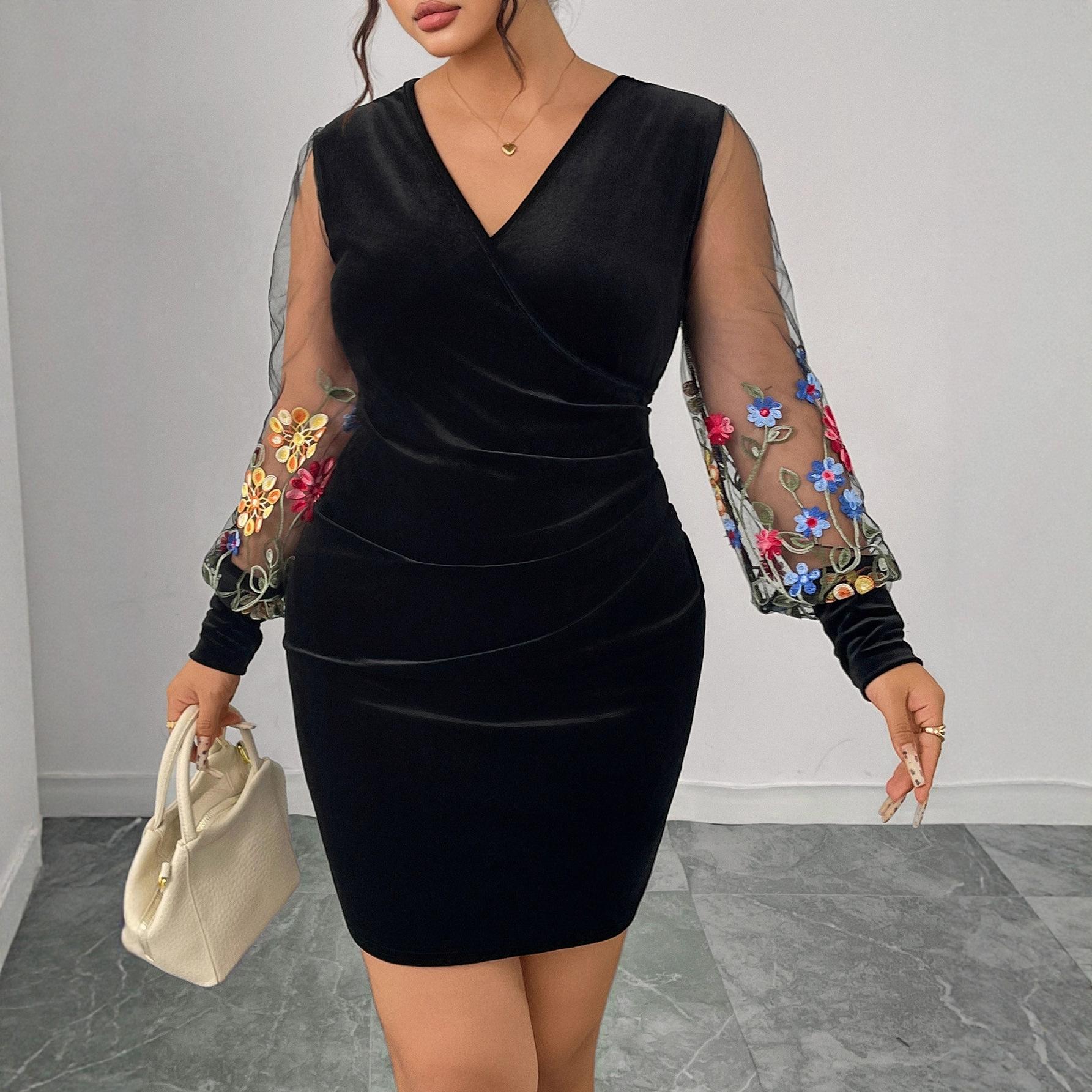 

New V-neck Dress High-waisted Dress Long-sleeved Printed and Sexy Hip-hugging Dress 4XL чёрный
