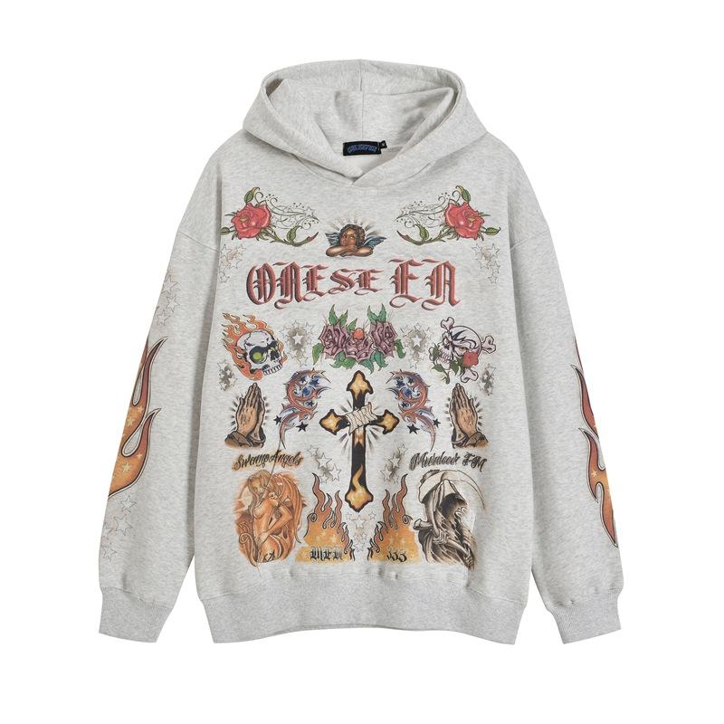 Trendy Brand Hooded Sweatshirt American Hip Hop Vintage Top Graffiti Print Couple Hoodie Loose For Men And Women S