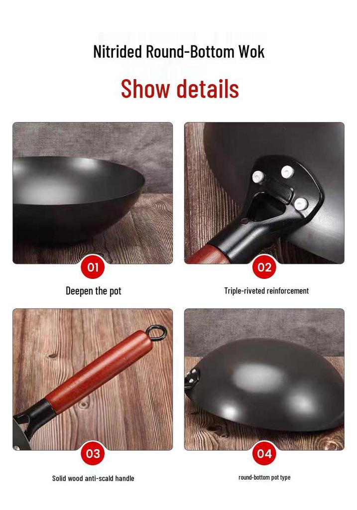 Vintage Nitrided Cast Iron Wok: Rust-resistant, non-stick, well-seasoned stir-fry pan for gas stoves, ideal for home cooking.