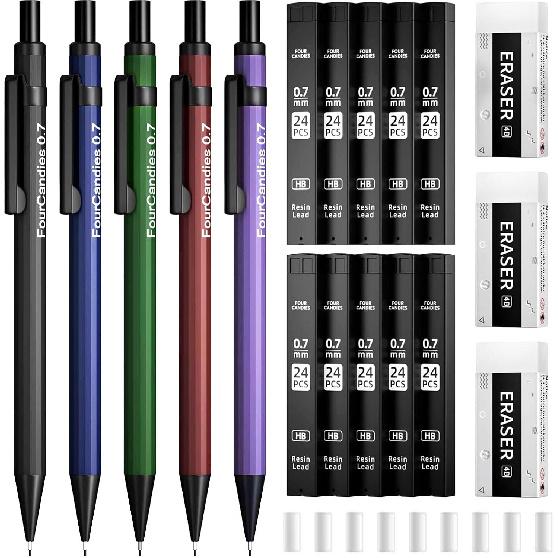 Four Candies Metal Mechanical Pencils 0.7mm, with #2 Pencil Leads 0.7, Eraser Set and Eraser Refills, 19-Count Pack with Case, Back to School 0.7mm
