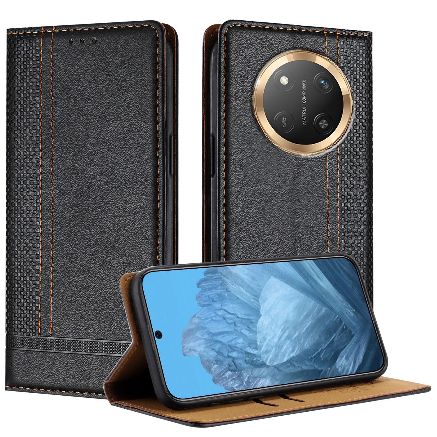 

Чехол для Honor X9c 5G Кожаный чехол-подставка с L-образным сетчатым узором и слотами для карт Black