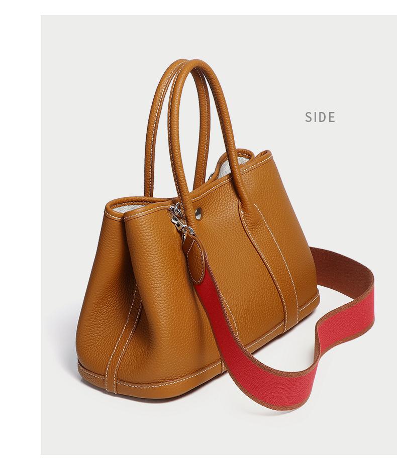 2025 Cowhide Lychee Pattern Garden Bag: Women's Color Block Wide Shoulder Strap Handbag
