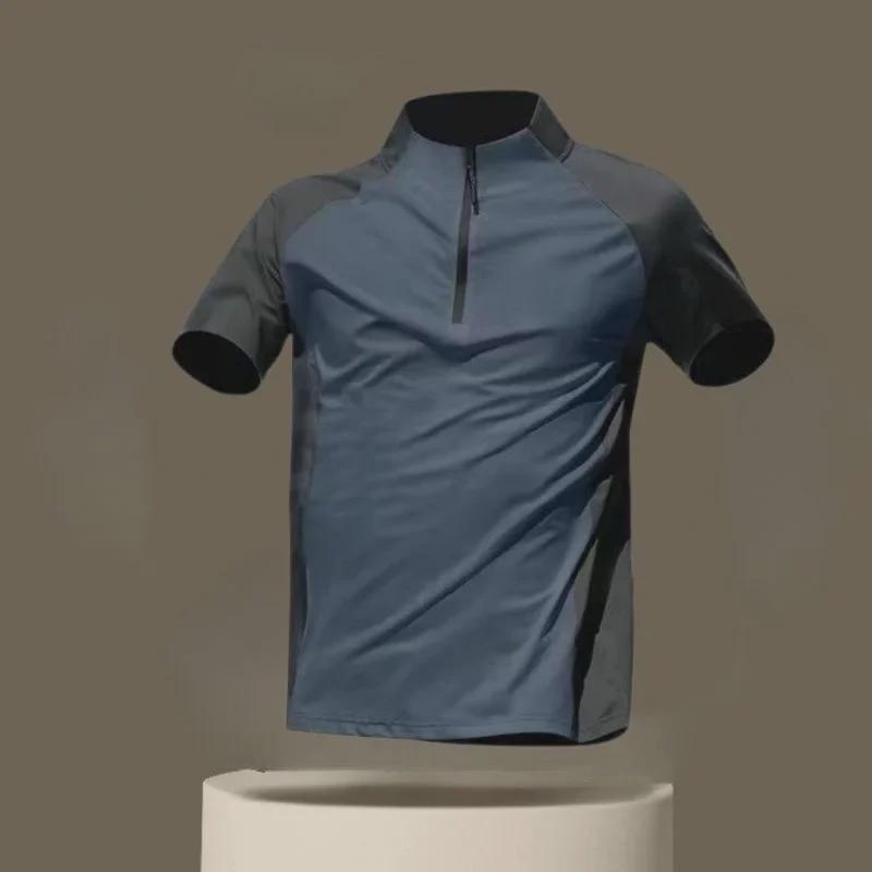 Ice Silk Quick-Dry Short Sleeve Performance Shirt - Breathable, High Elasticity, Half-Zip, Stand Collar for Running and Fitness