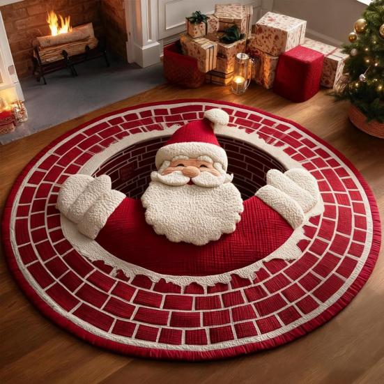 3D Christmas Rug Santa Claus Gnome Quilted Round Floor Mat Optical Illusion Depth Pattern Decorative Area Rug for Living Room Bedroom
