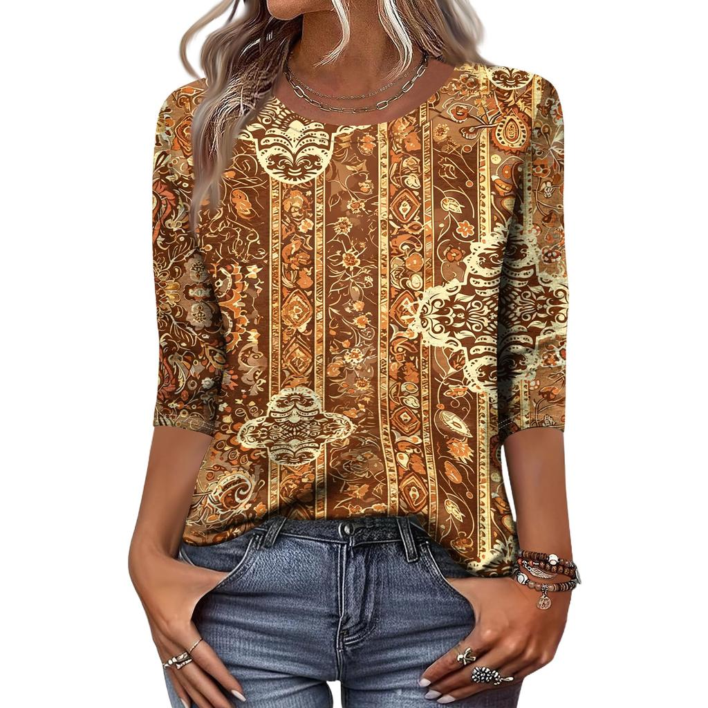 Loose Fit Women's Casual Printed Top Three Quarter Sleeve Blouse Lightweight Comfortable Fabric Stylish Design Suitable for Everyday Wear