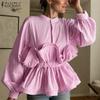 ZANZEA Women Casual O-neck Long Sleeve 3D Ruffles Splice Loose Stripe Blouse