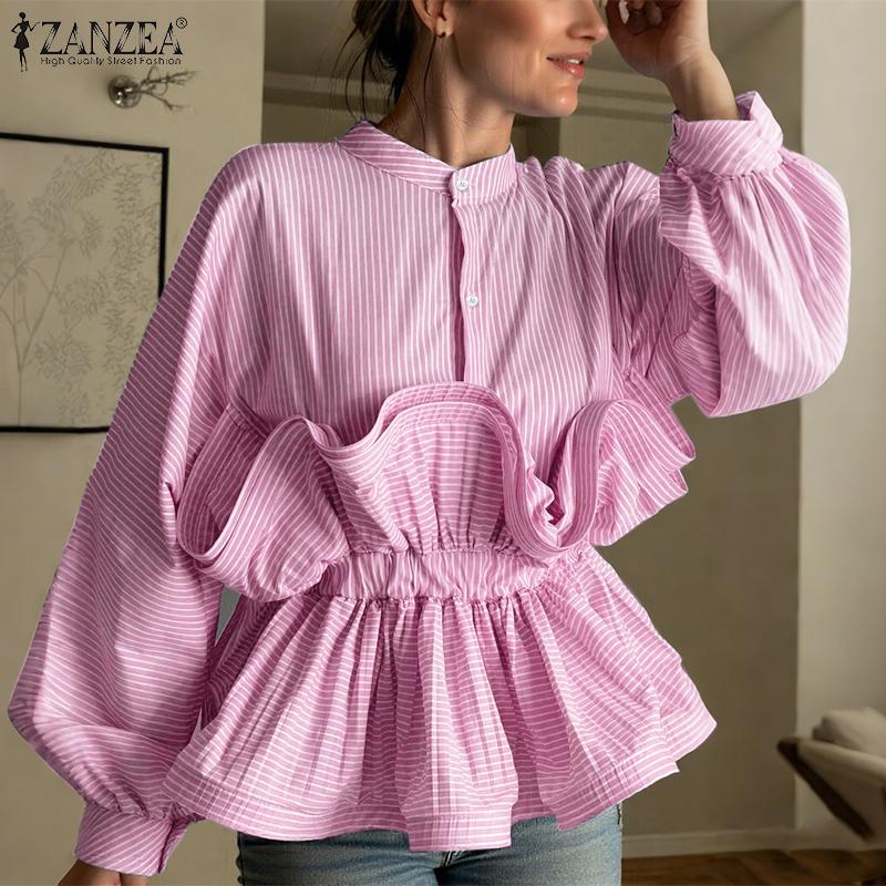 ZANZEA Women Casual O-neck Long Sleeve 3D Ruffles Splice Loose Stripe Blouse