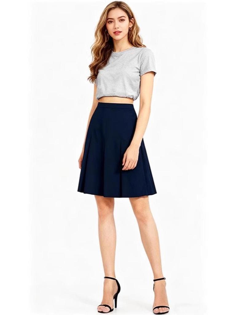 US Plus Size Women's Elegant Knee-Length Pleated Midi Skirt with Belt