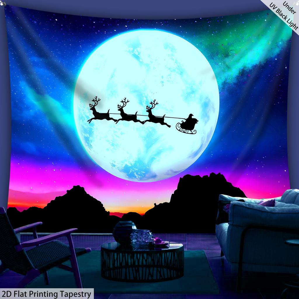 Christmas Sleigh Santa Claus Fluorescent Tapestry Outer Space UV BlackLight Tapestry, Wall Hanging For Living Room Bedroom Office Home Decor