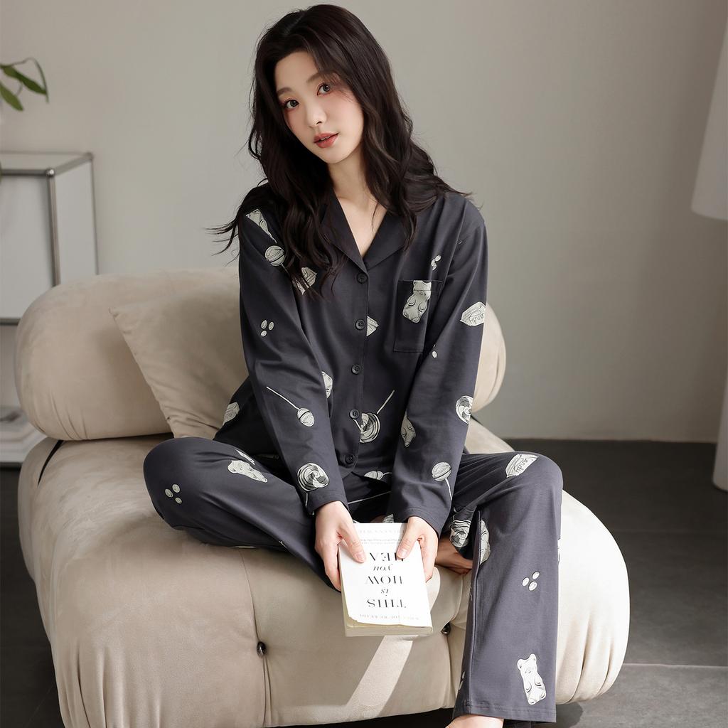[Shopping Mall Quality] Pajamas Women's Pure Cotton Spring and Autumn Cute Black Bear Long-sleeved Trousers Loungewear Set