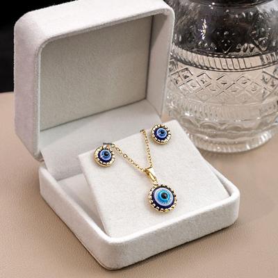 European and American Geometric Blue Eye Pendant Necklace & Round Earrings Set for Women