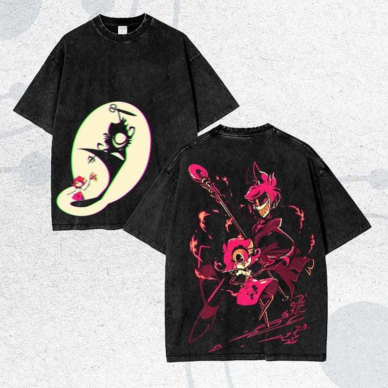 Hot Anima Hazbin Hotel Graphic Print Washed Tshirt Retro Cartoon Character Washed Shirt Movie Harajuku Fan Oversized TShirt