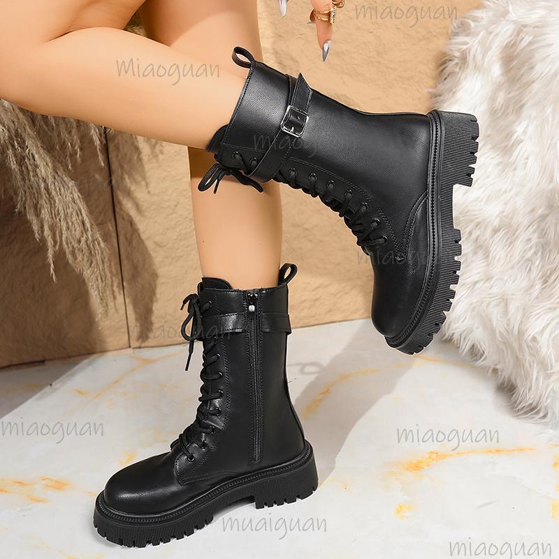Fashion Women's Black PU Leather Mid Calf Boots Fashion Buckle Strap Platform Short Boots Women Thick Sole Non Slip Motorcycle Shoes