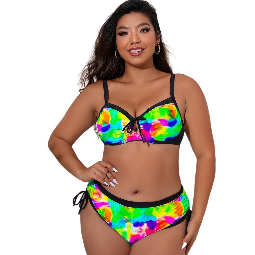 European & American Plus Size Adjustable Tie-up Bikini - Three-Color Print