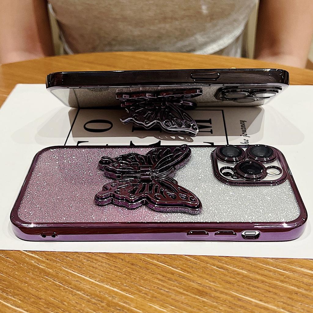 Butterfly Stand Is Suitable for IPhone16, 15promax, with Gradient Glitter, Lens Film, 14 Electroplating and Anti-drop