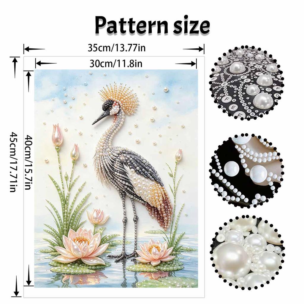 This pearl painting kit features 5D pearls and a graceful crane with lotus flowers mosaic art style. designed for home wall decoration.