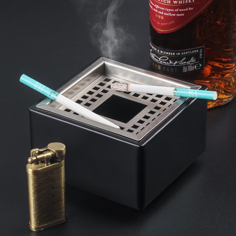 Modern Large Stainless Steel Square Ashtray with Anti-Fly Design for Cigar Rest in Living Room