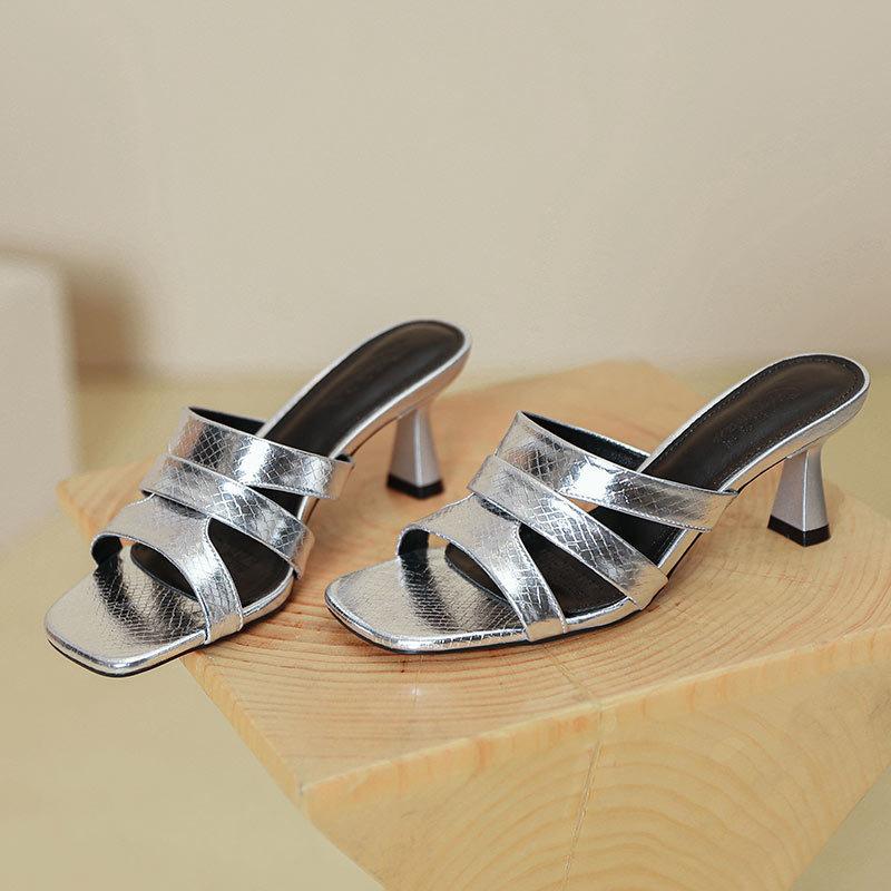 Fashion Gold/Silver Snake Pattern Slippers Woman Strange High Heels Shoes Cut-Out Sandals Ladies Wedges Open Toe Slides Dress Flipppers