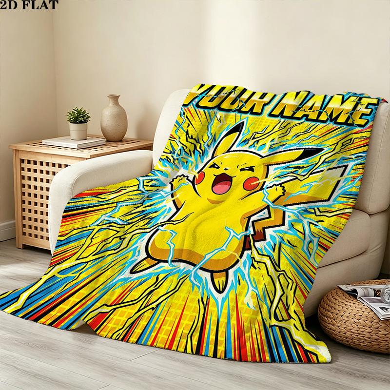Custom Name,Pikachu Printed Flannel Blanket, soft throw for bedroom sofa, washable, Christmas present, great gift.