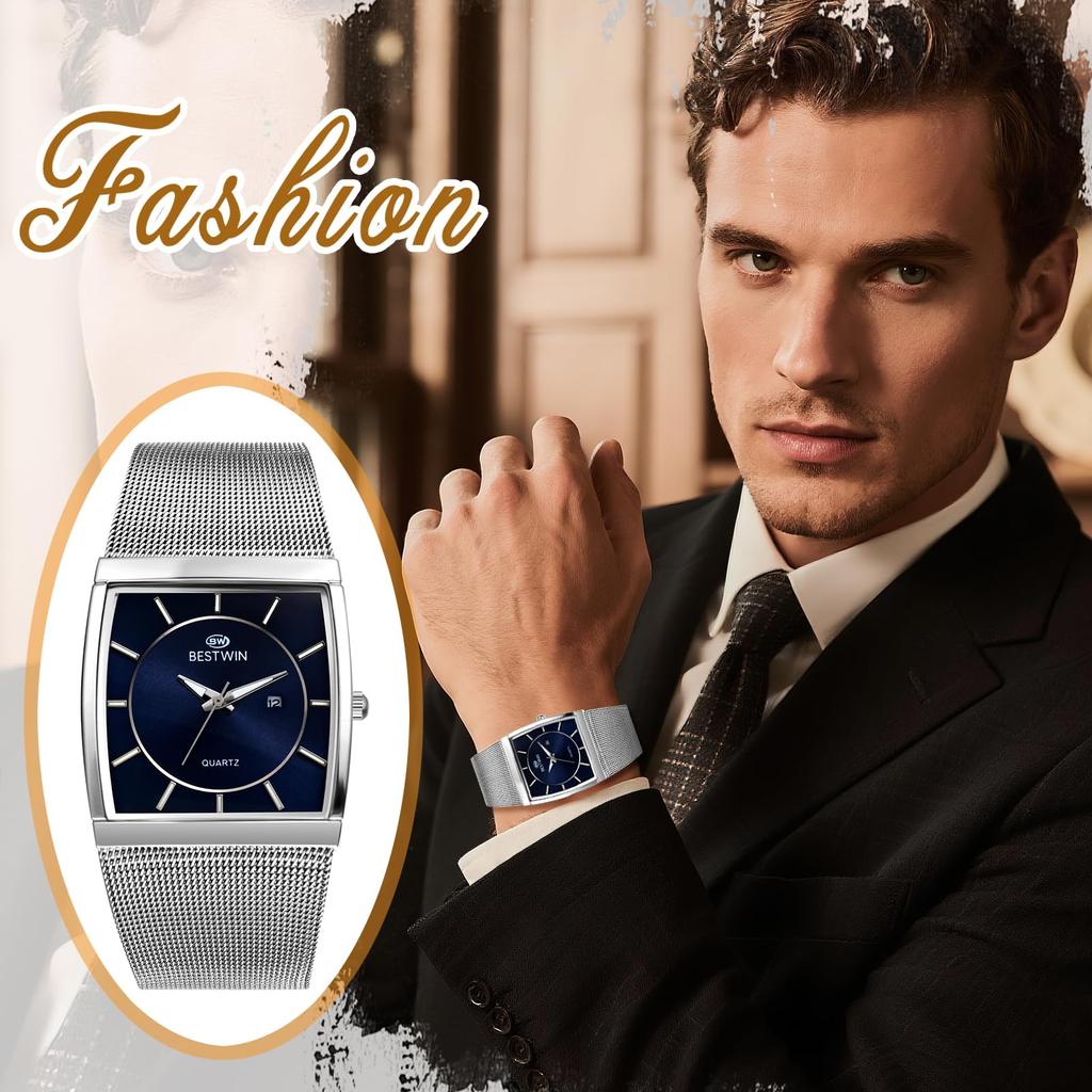 Square Watch with Stainless Steel Mesh Luminous Analog 3ATM Water Quartz Stylish Accessory Perfect for or Boyfriend Gifts Men's Strap, Silver