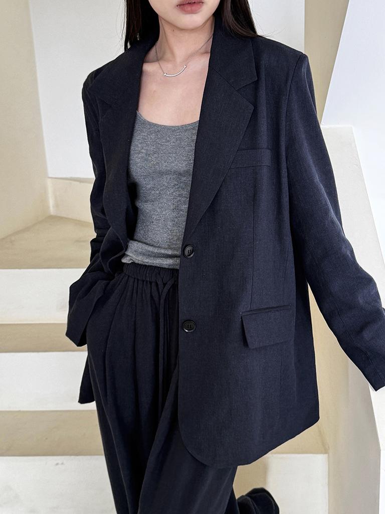 Women's Autumn Cotton Linen Blazer Suit Set with Pants