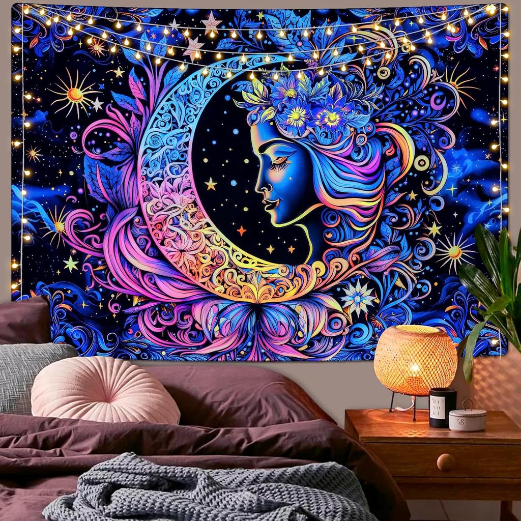 AtawLege Blacklight UV Reactive Wall Art - Moon and Star Tapestry, Sun Mandala Tapestry, Aesthetic Boho Wall Hanging for Bedroom (51.2 X 59.1 Inches)