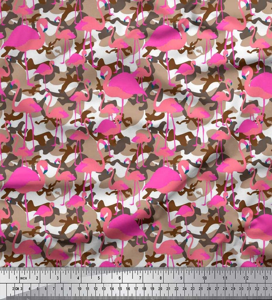 Soimoi Japan Crepe Satin Fabric Camouflage Texture & Flamingo Bird Printed Craft Fabric by the Metre 42 Inch