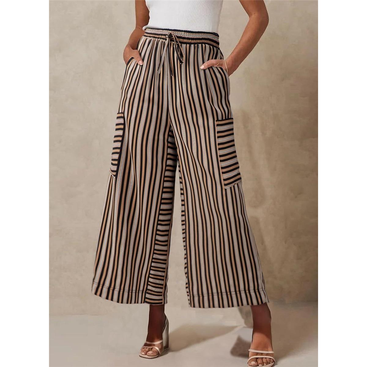 Women s Pants Summer Striped Straight Pants Drawstring Wide-leg Beach Casual Pants S коричневый